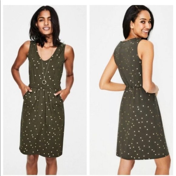 Boden Dresses & Skirts - Boden Melinda Jersey Olive Green Polka Dot Dress